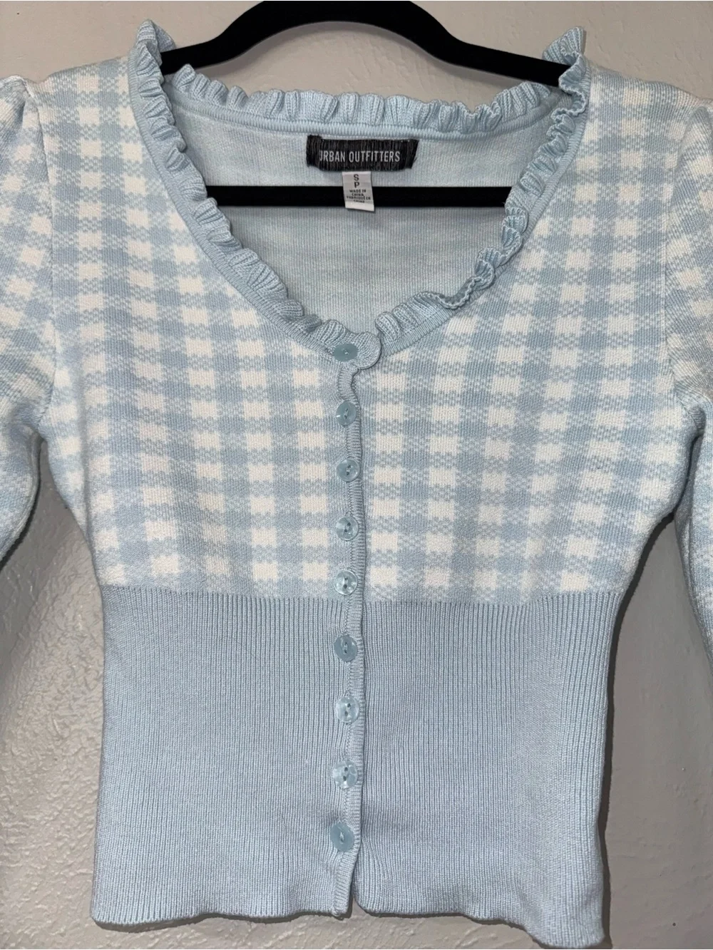Urban Outfitters Light Blue Gingham Ruffle Trim Cardigan Cottage Core